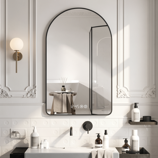 Sunvega Arched LED Mirror with Time Temperature Display Anti-Fog Dimmable Backlight