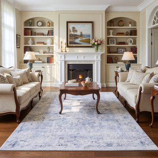 Sunvega Machine Washable Blue and Cream 5x8 Non-Slip Low Pile Area Rug