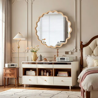 Sunvega Farmhouse Art Deco Wavy Wood Mirror Frame Wall Decor for Bathroom