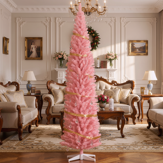 Sunvega Pencil Artificial Xmas Tree with Faux Snow Flocked Full Branch Tips Flame-retardant