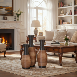 Sunvega Hand-Woven PVC Rattan Vases Set of 3 Brown Farmhouse Floor Decor