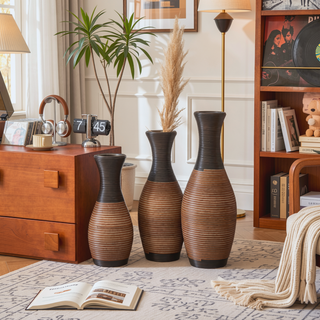 Sunvega Hand-Woven PVC Rattan Vases Set of 3 Brown Farmhouse Floor Decor