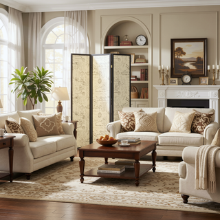 Sunvega European Motif French Script Fabric 3-Panel Folding Screen Room Divider