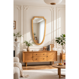 Sunvega Hexagon Wood Frame Wall Mirror with Leather for Entryway Living Room