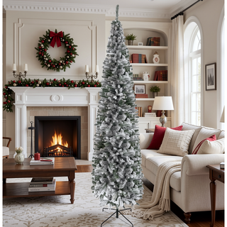 Sunvega Pencil Artificial Xmas Tree with Faux Snow Flocked Full Branch Tips Flame-retardant