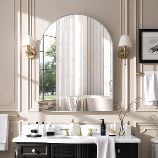 Sunvega 30x40 Inch Gold Metal Framed Arched Mirror with Shatterproof Film