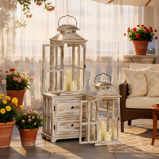 Sunvega Natural Fir Wood Rustic Lantern Decor Set with Two Sizes for Indoor and Outdoor