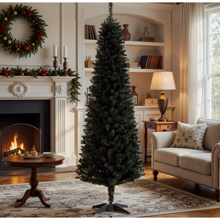 Sunvega Pencil Artificial Xmas Tree with Faux Snow Flocked Full Branch Tips Flame-retardant