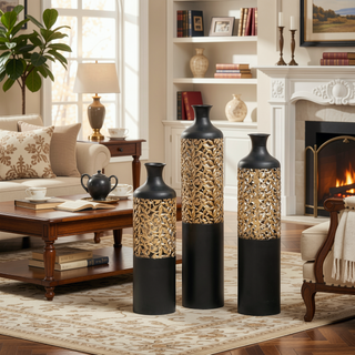 Sunvega Gilded White 3D Relief Flower Metal Cylinder Vase Set for Home Décor