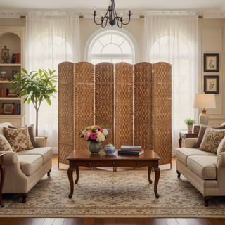 Sunvega 6 Panel Woven Rattan Room Divider with Arched Top for Privacy