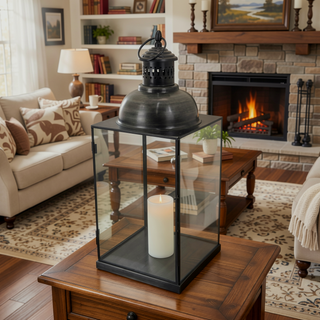 Sunvega Black Metal Lantern with Glass Panels and a Stable Square Base