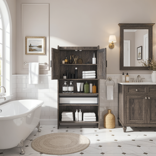 Sunvega Vintage Grey Bathroom Wall Cabinet with Towel Bar and Paper Holder