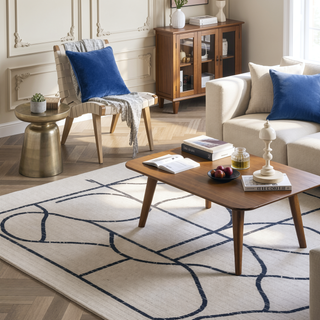 Sunvega Machine Washable Blue and Cream 5x8 Non-Slip Low Pile Area Rug