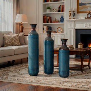 Sunvega Torch-Fired Metal Vases Set of 3 with Gradient Blue Rustic Finish for Farmhouse