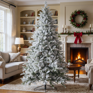 Sunvega Snow Flocked Artificial Christmas Tree with Foldable Metal Stand and Flame Retardant Branches