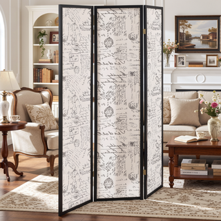 Sunvega European Motif French Script Fabric 3-Panel Folding Screen Room Divider
