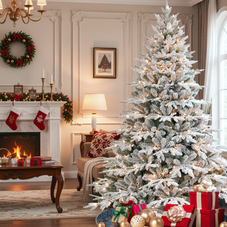 Sunvega 5ft Pre-Lit Flocked Artificial Christmas Tree with 300 Warm White Lights