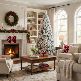 Sunvega Snowy Flocked 7FT Christmas Tree with 450 Warm White LED Lights and 1060 Tips