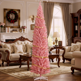 Sunvega Pencil Artificial Xmas Tree with Faux Snow Flocked Full Branch Tips Flame-retardant