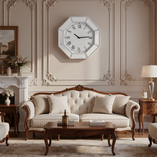 Sunvega Luxury Mirrored Wall Clock with Silver Beaded Octagonal Glass Trim