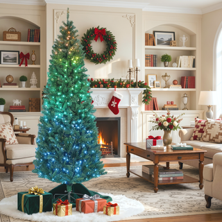 Sunvega Pencil Artificial Xmas Tree with Faux Snow Flocked Full Branch Tips Flame-retardant