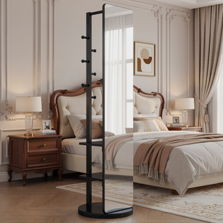 Sunvega 360° Rotating Full Length Mirror with Hook Storage Coat Rack Solid Wood Floor Mirror