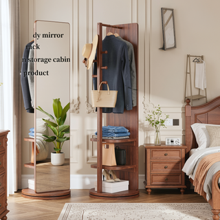 Sunvega 360° Rotating Full Length Mirror with Solid Wood Hook Storage Rack for Bedroom