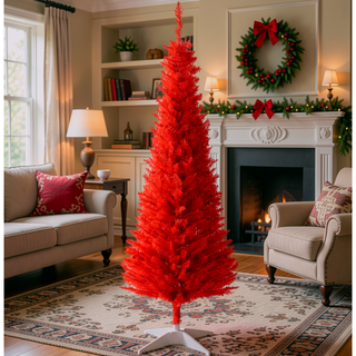 Sunvega Pencil Artificial Xmas Tree with Faux Snow Flocked Full Branch Tips Flame-retardant