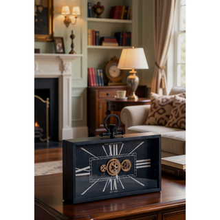 Sunvega Black Gold Roman Numeral Gear Clock with Glass Case for Desk Decor