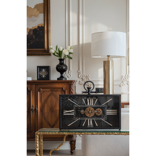 Sunvega Black Gold Roman Numeral Gear Clock with Glass Case for Desk Decor