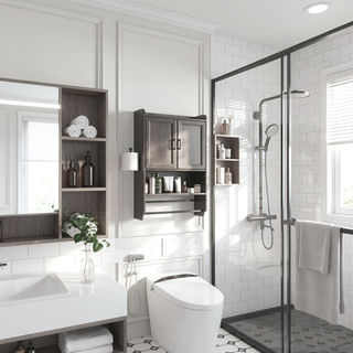 Sunvega Vintage Grey Bathroom Wall Cabinet with Towel Bar and Paper Holder