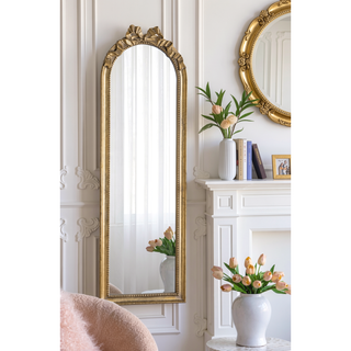 Sunvega Baroque Gold Arched Full Length Mirror with Scrollwork Crown for Living Room