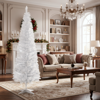 Sunvega Pencil Artificial Xmas Tree with Faux Snow Flocked Full Branch Tips Flame-retardant