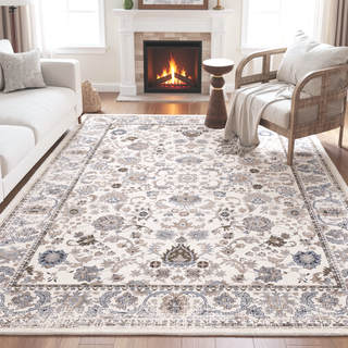 Sunvega Vintage Bohemia Non-slip Washable Area Rug with Flower Design for Living Room