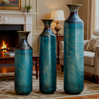 Sunvega Torch-Fired Metal Vases Set of 3 with Gradient Blue Rustic Finish for Farmhouse
