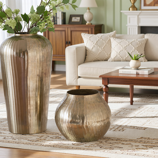 Sunvega Gold Aluminum Chisel Flower Vase with a Short Round Metallic Silhouette