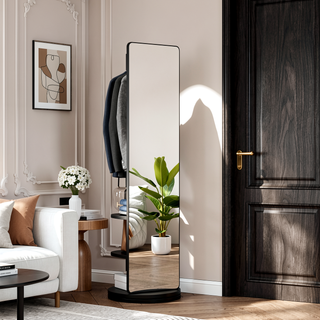 Sunvega 360° Rotating Full Length Mirror with Hook Storage Coat Rack Solid Wood Floor Mirror