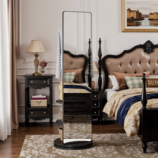 Sunvega 360° Rotating Full Length Mirror with Solid Wood Hook Storage Rack for Bedroom