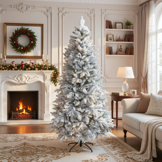 Sunvega Pencil Artificial Xmas Tree with Faux Snow Flocked Full Branch Tips Flame-retardant