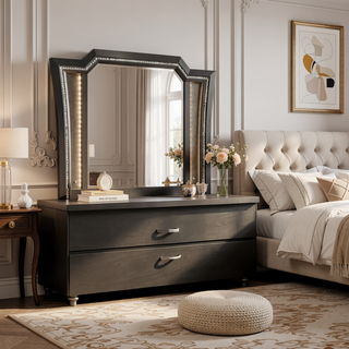 Sunvega Kaitlyn Metallic Gray Finish Wood Nightstand with Two Drawers and Crystal Trim