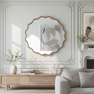 Sunvega Natural Wood Wavy Round Solid Wood Frame Decorative Mirror for Bedroom Bathroom