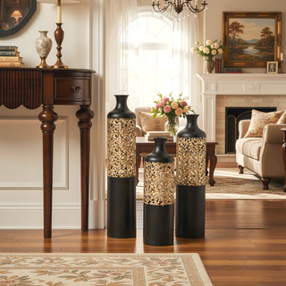 Sunvega Gilded White 3D Relief Flower Metal Cylinder Vase Set for Home Décor