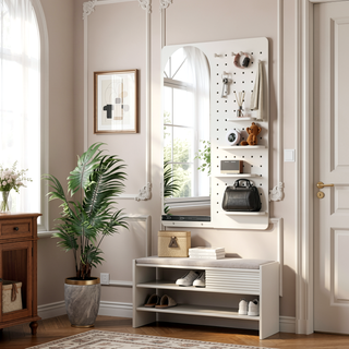 Sunvega Wall Mounted Full Length Mirror with Shelf and Hook Multifunctional Design Panel