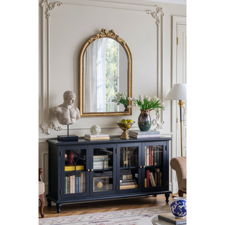 Sunvega Baroque Gold Arched Full Length Mirror with Scrollwork Crown for Living Room
