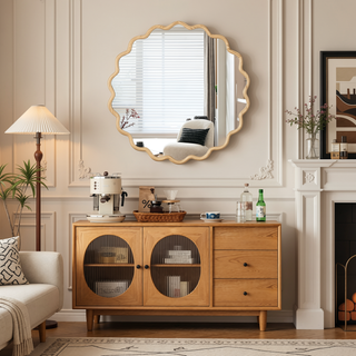 Sunvega Farmhouse Art Deco Wavy Wood Mirror Frame Wall Decor for Bathroom
