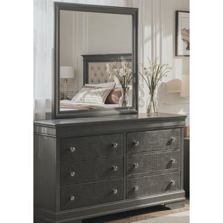 Sunvega Modern Gray Gunmetal Wood Mirror with Smooth Finish for Bedroom