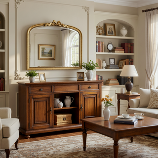 Sunvega Baroque Gold Arched Full Length Mirror with Scrollwork Crown for Living Room