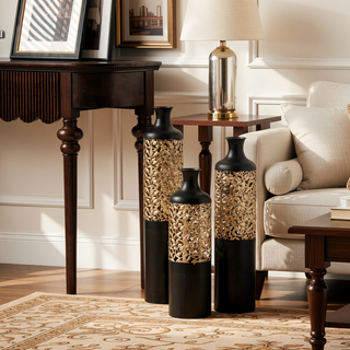Sunvega Gilded White 3D Relief Flower Metal Cylinder Vase Set for Home Décor