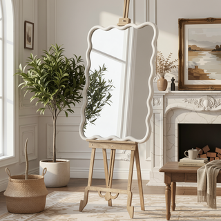 Sunvega Natural Wood Wavy Rectangle Solid Wood Frame Decorative Mirror For Any Room