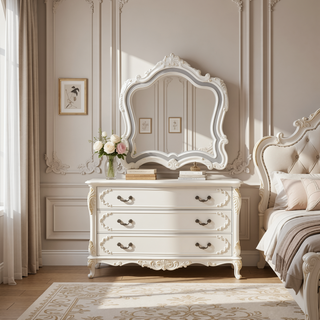 Sunvega Pearl White Finish Nightstand with Granite Top and Two Spacious Drawers